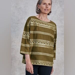 J jill PURE JILL SCHIFFLI-EMBROIDERED TOP BURNT OLIVE/GOLD LARGE